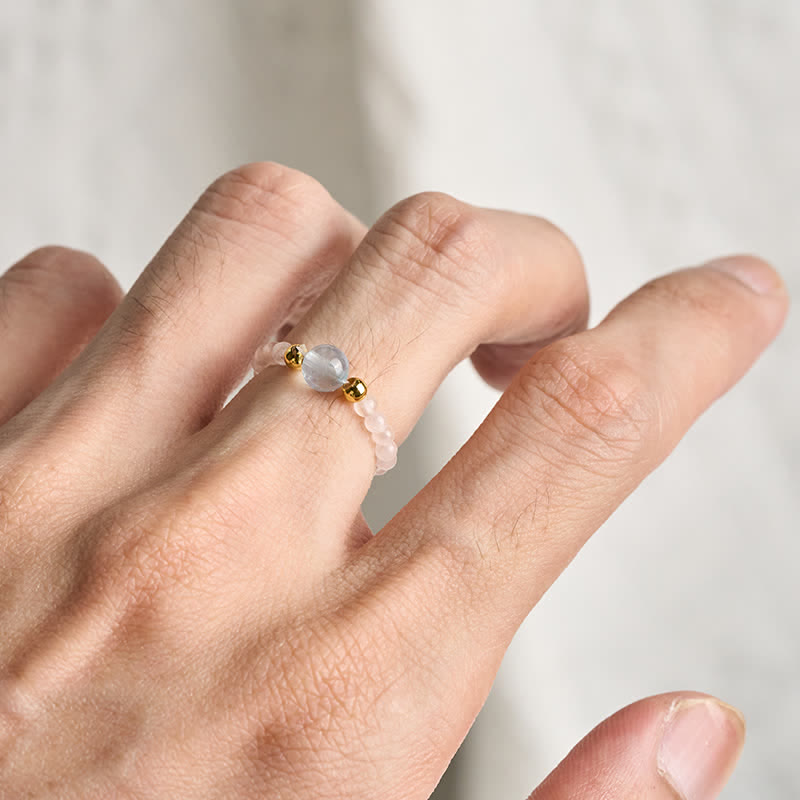 Nimara Ritual 2mm Mini Beads Natural Rhodonite Aquamarine Topaz Rose Quartz Healing Elastic Ring