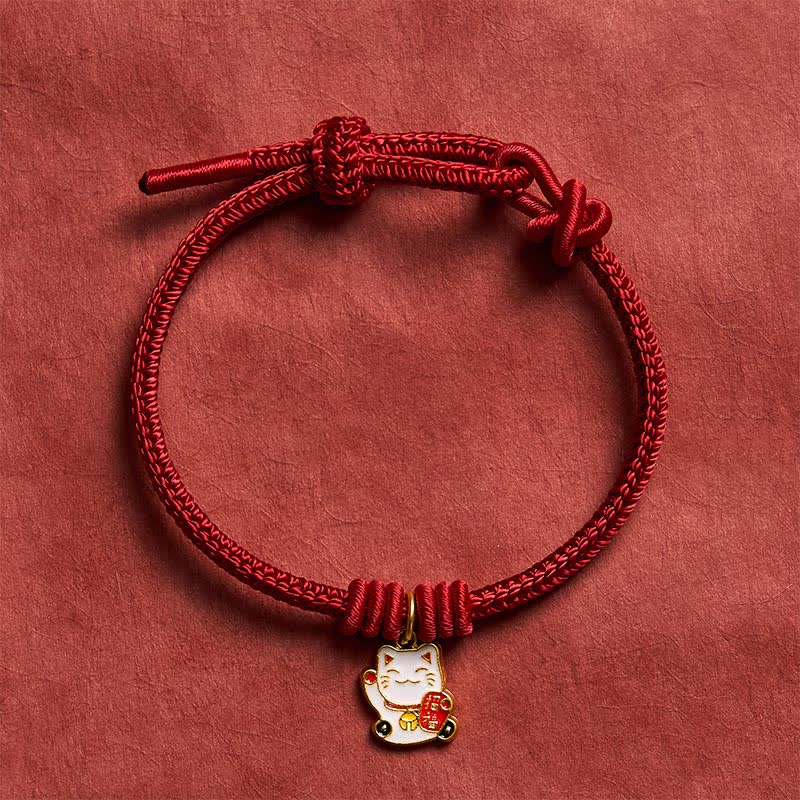 Nimara Ritual Handmade Braided Red String Lucky Cat Bringing Good Fortune Fu Character Adjustable Bracelet