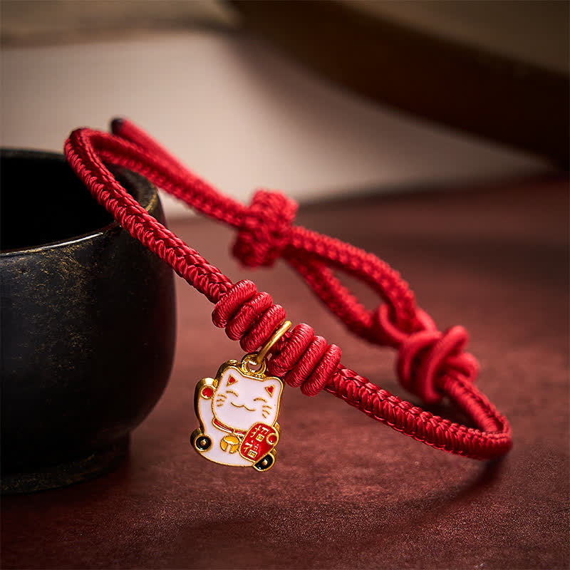 Nimara Ritual Handmade Braided Red String Lucky Cat Bringing Good Fortune Fu Character Adjustable Bracelet