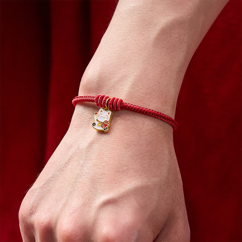 Nimara Ritual Handmade Braided Red String Lucky Cat Bringing Good Fortune Fu Character Adjustable Bracelet