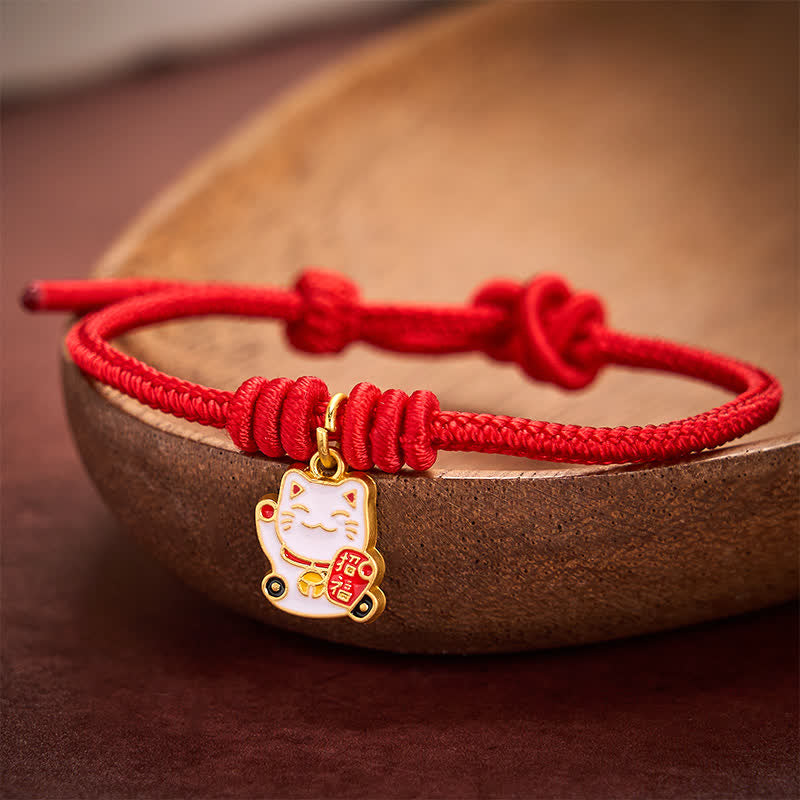 Nimara Ritual Handmade Braided Red String Lucky Cat Bringing Good Fortune Fu Character Adjustable Bracelet