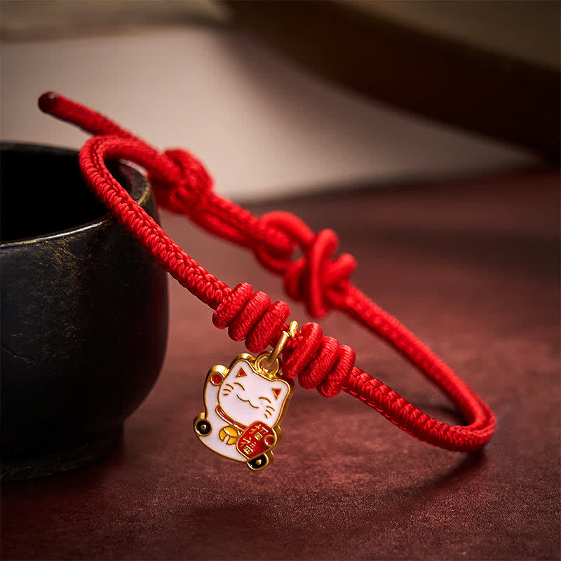 Nimara Ritual Handmade Braided Red String Lucky Cat Bringing Good Fortune Fu Character Adjustable Bracelet