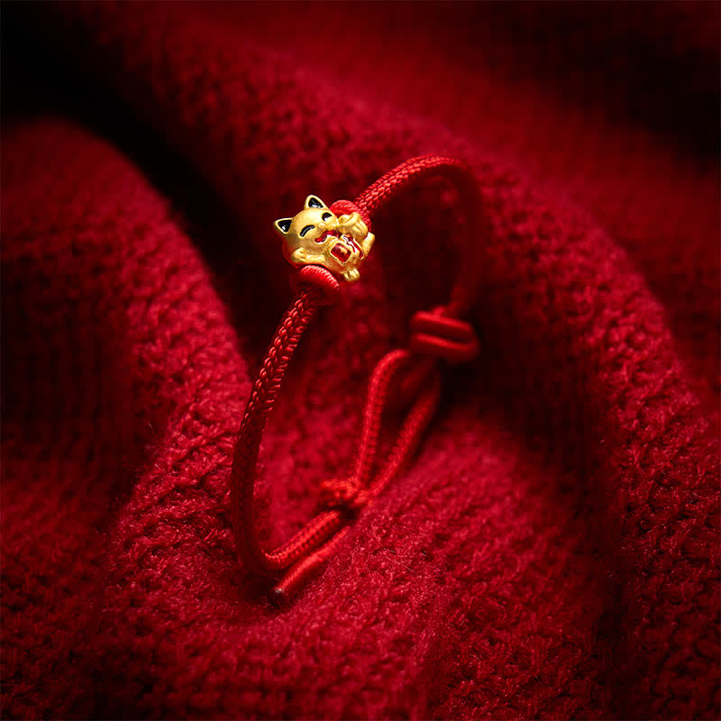 Nimara Ritual Handmade Braided Red String Golden Lucky Cat Fortune Adjustable Bracelet
