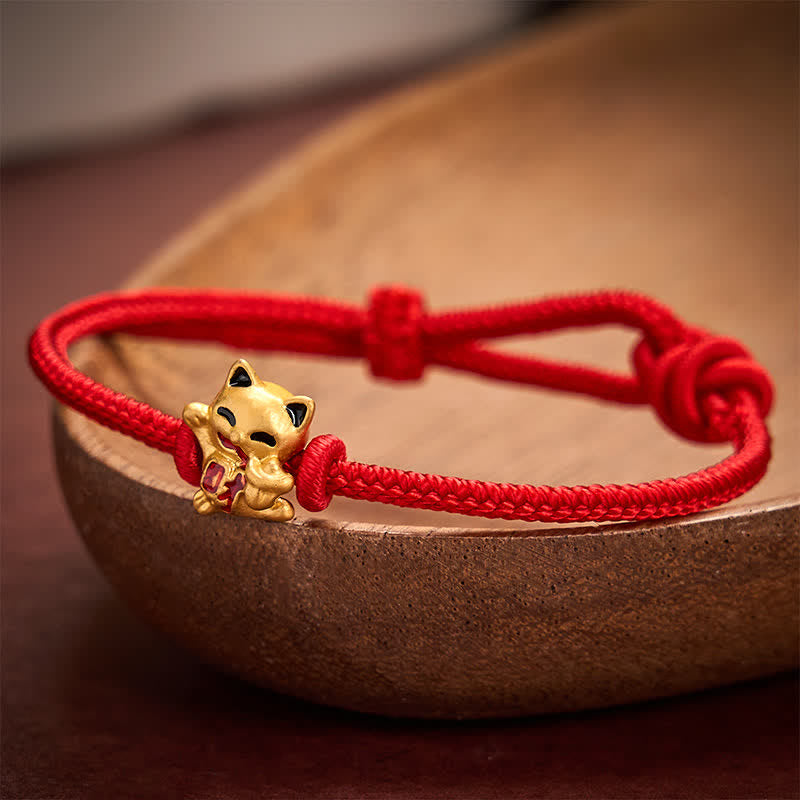 Nimara Ritual Handmade Braided Red String Golden Lucky Cat Fortune Adjustable Bracelet