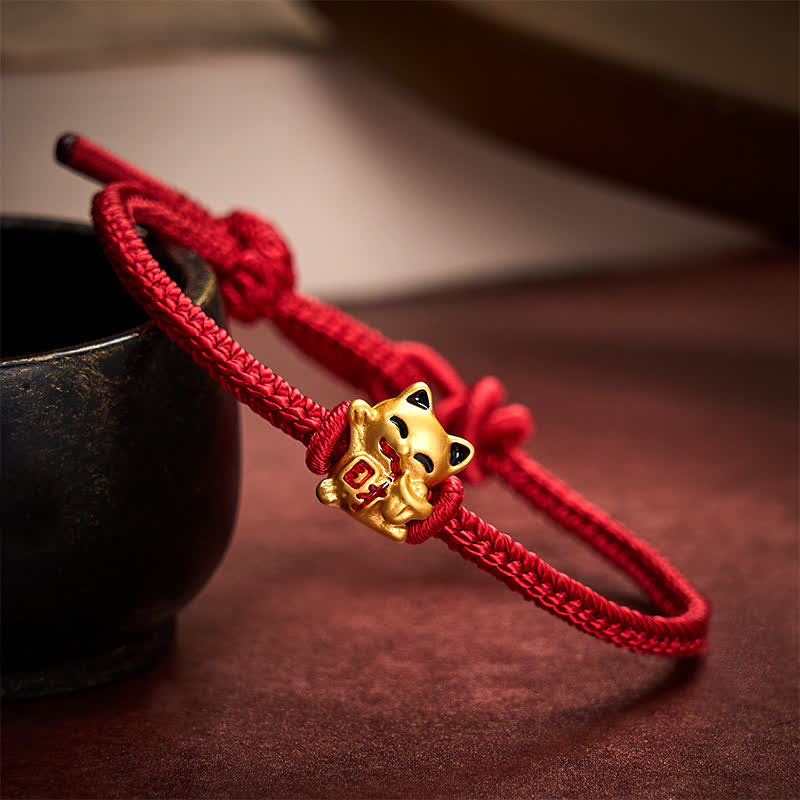 Nimara Ritual Handmade Braided Red String Golden Lucky Cat Fortune Adjustable Bracelet