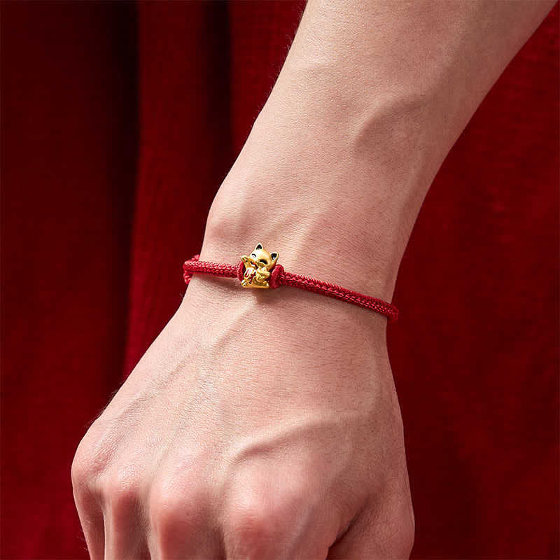 Nimara Ritual Handmade Braided Red String Golden Lucky Cat Fortune Adjustable Bracelet