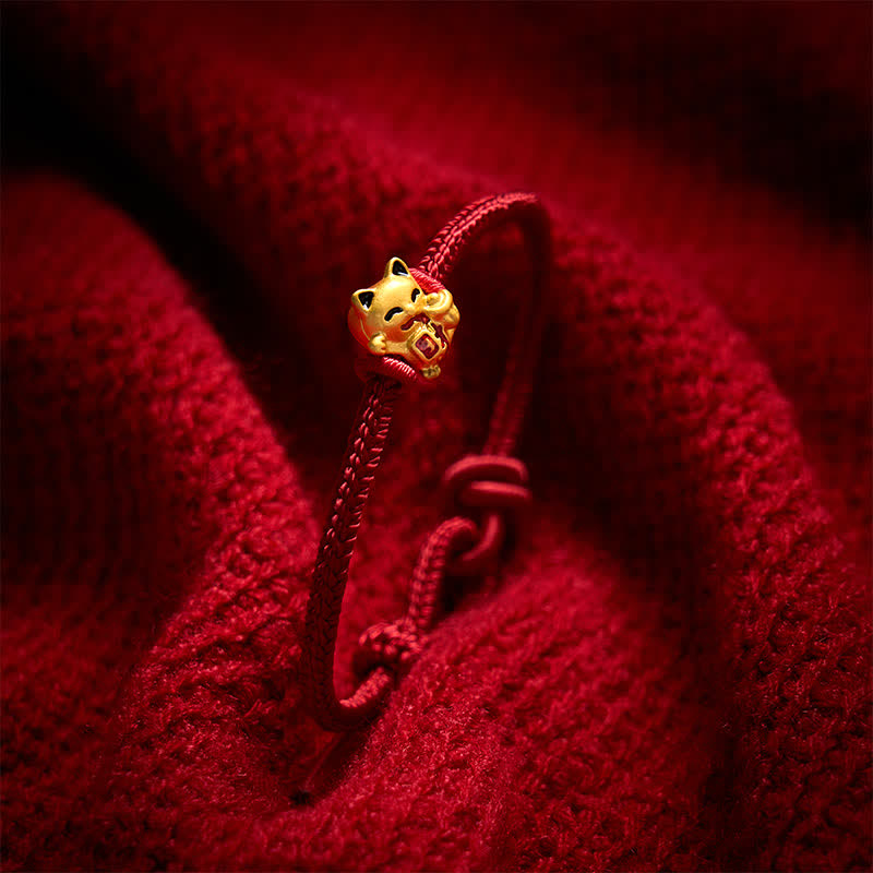 Nimara Ritual Handmade Braided Red String Golden Lucky Cat Fortune Adjustable Bracelet