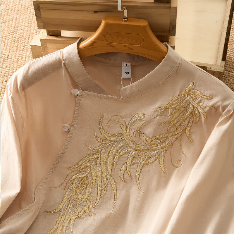 Nimara Ritual Spring Vintage Embroidered Feather Mandarin Collar Solid Women's Short Sleeve Shirt