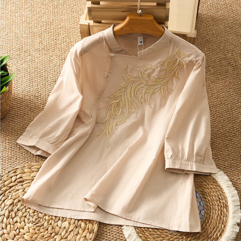 Nimara Ritual Spring Vintage Embroidered Feather Mandarin Collar Solid Women's Short Sleeve Shirt