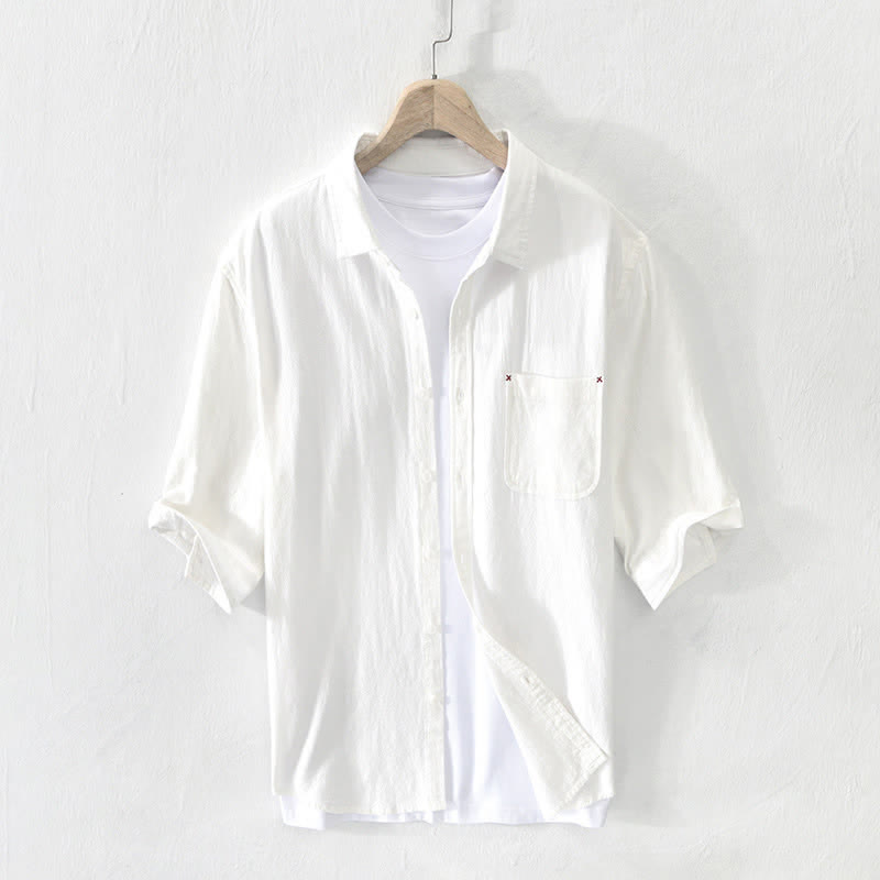 Nimara Ritual Summer Casual Minimalist Button-Up Solid Cotton Linen Men's Short Sleeve Shirts With Pocket