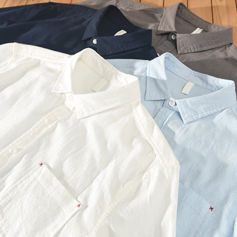 Nimara Ritual Summer Casual Minimalist Button-Up Solid Cotton Linen Men's Short Sleeve Shirts With Pocket