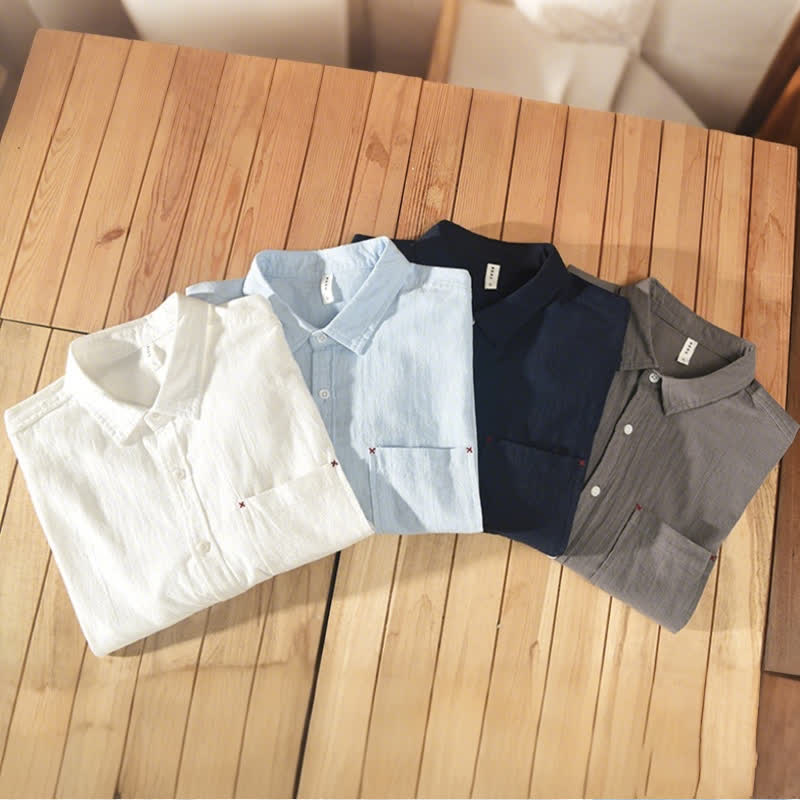 Nimara Ritual Summer Casual Minimalist Button-Up Solid Cotton Linen Men's Short Sleeve Shirts With Pocket