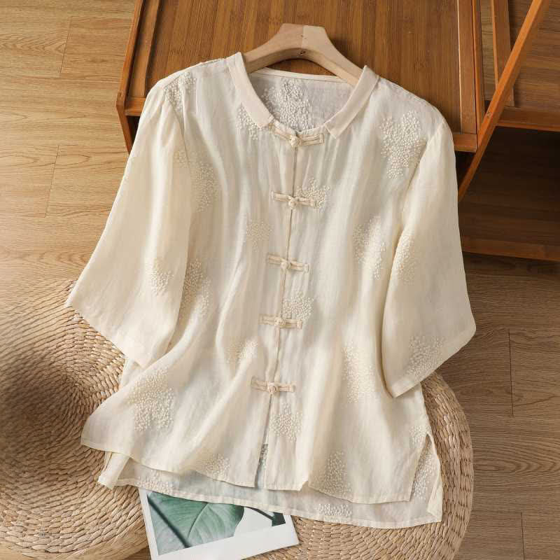 Nimara Ritual Summer Tang Style Vintage Mandarin Collar Frog Button Embroidery Solid Women's Short Sleeve Shirts