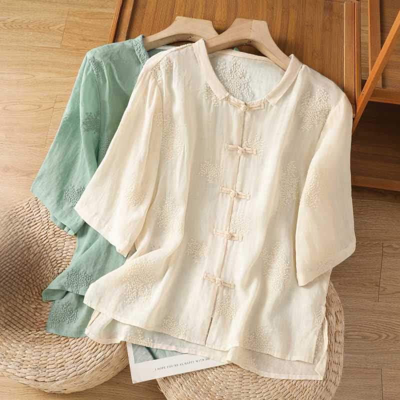 Nimara Ritual Summer Tang Style Vintage Mandarin Collar Frog Button Embroidery Solid Women's Short Sleeve Shirts