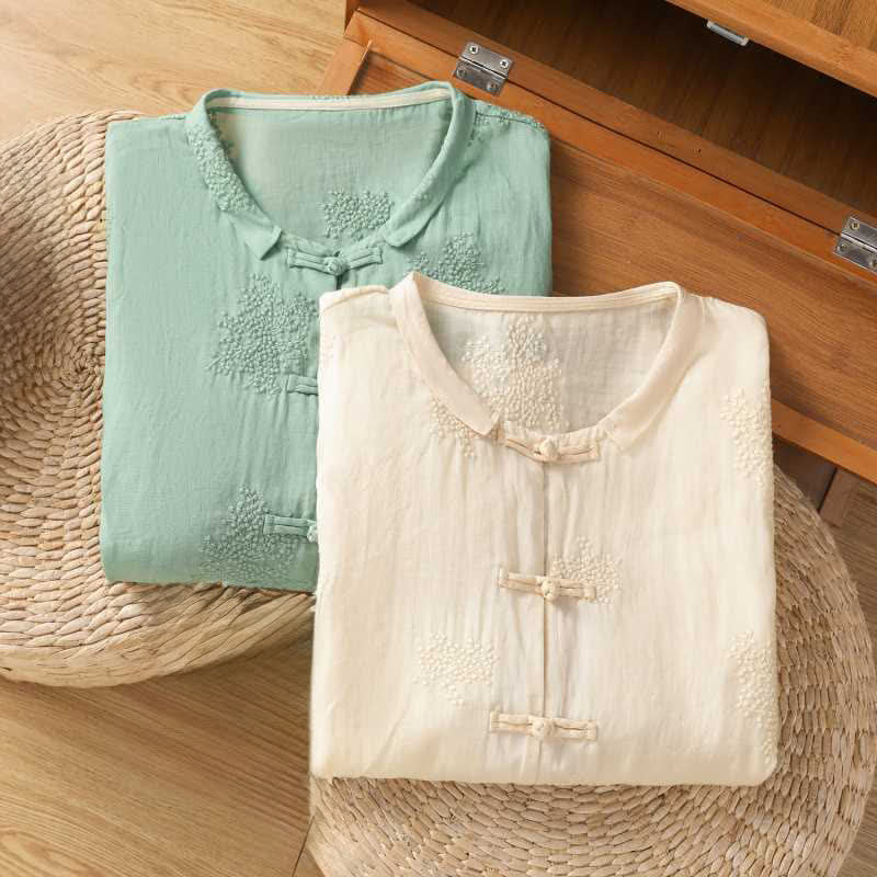 Nimara Ritual Summer Tang Style Vintage Mandarin Collar Frog Button Embroidery Solid Women's Short Sleeve Shirts