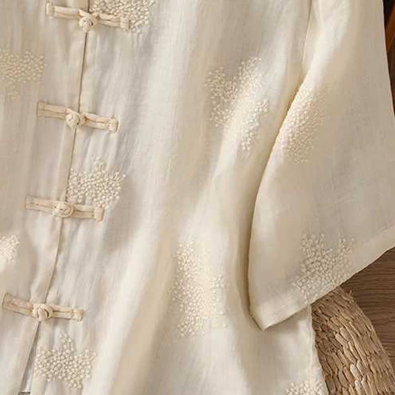 Nimara Ritual Summer Tang Style Vintage Mandarin Collar Frog Button Embroidery Solid Women's Short Sleeve Shirts