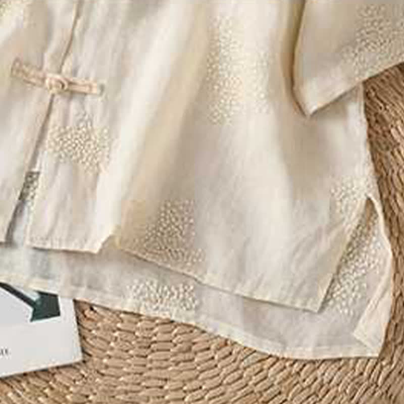 Nimara Ritual Summer Tang Style Vintage Mandarin Collar Frog Button Embroidery Solid Women's Short Sleeve Shirts