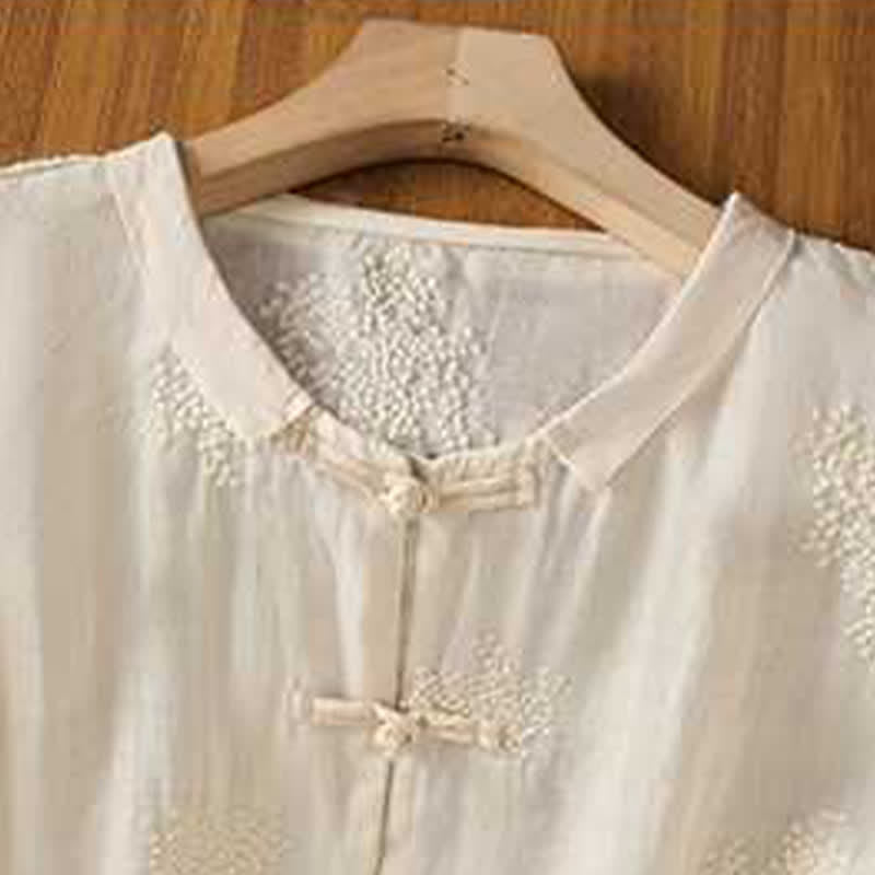 Nimara Ritual Summer Tang Style Vintage Mandarin Collar Frog Button Embroidery Solid Women's Short Sleeve Shirts