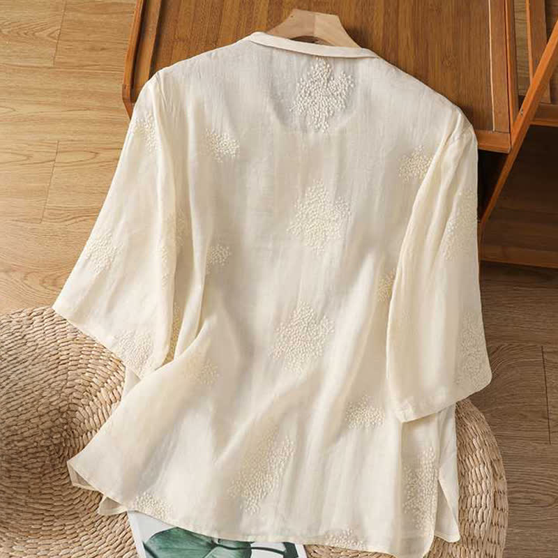 Nimara Ritual Summer Tang Style Vintage Mandarin Collar Frog Button Embroidery Solid Women's Short Sleeve Shirts