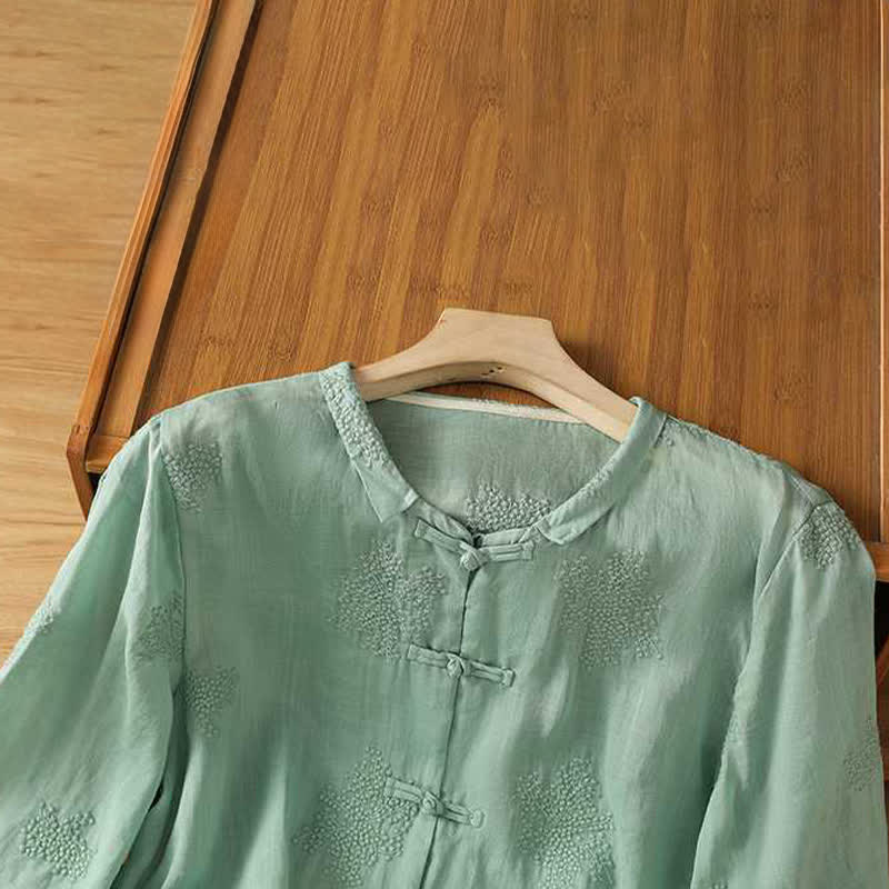 Nimara Ritual Summer Tang Style Vintage Mandarin Collar Frog Button Embroidery Solid Women's Short Sleeve Shirts