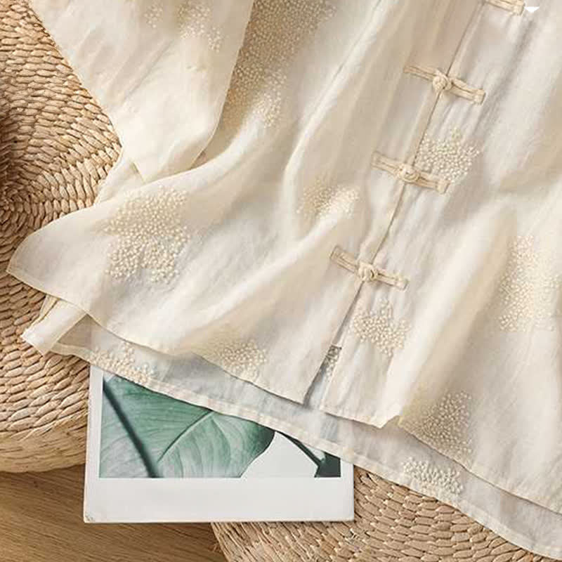 Nimara Ritual Summer Tang Style Vintage Mandarin Collar Frog Button Embroidery Solid Women's Short Sleeve Shirts