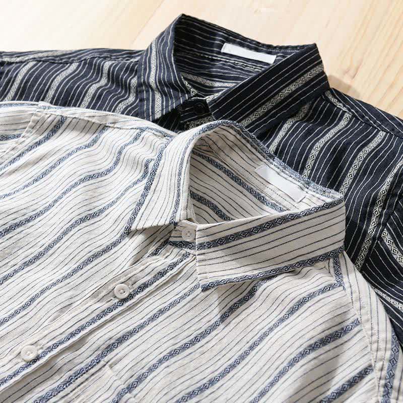 Nimara Ritual Summer Casual Button Up Striped Cotton Men's Short Sleeve Shirts With Patch Pocket