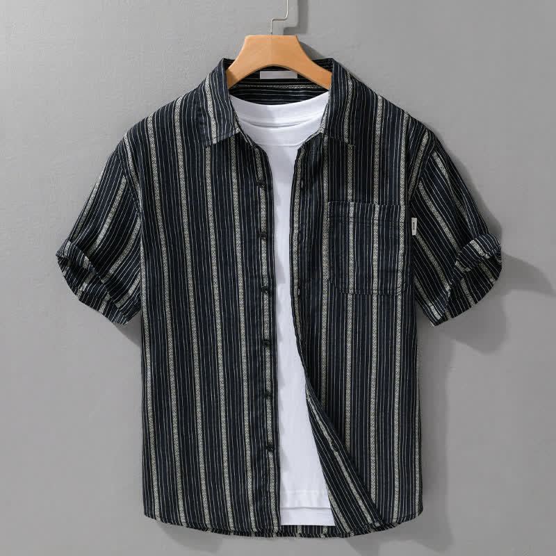 Nimara Ritual Summer Casual Button Up Striped Cotton Men's Short Sleeve Shirts With Patch Pocket