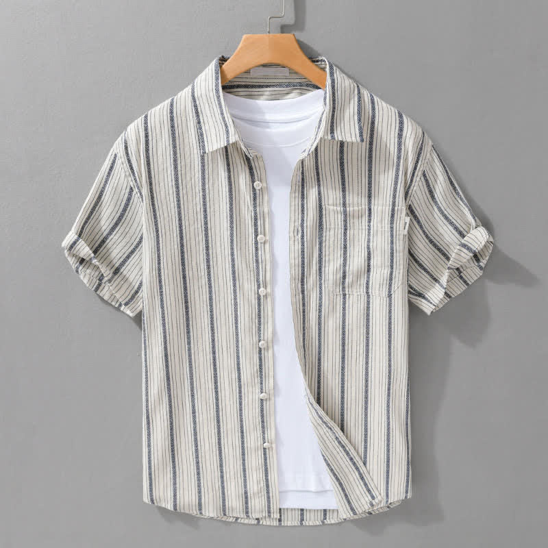 Nimara Ritual Summer Casual Button Up Striped Cotton Men's Short Sleeve Shirts With Patch Pocket