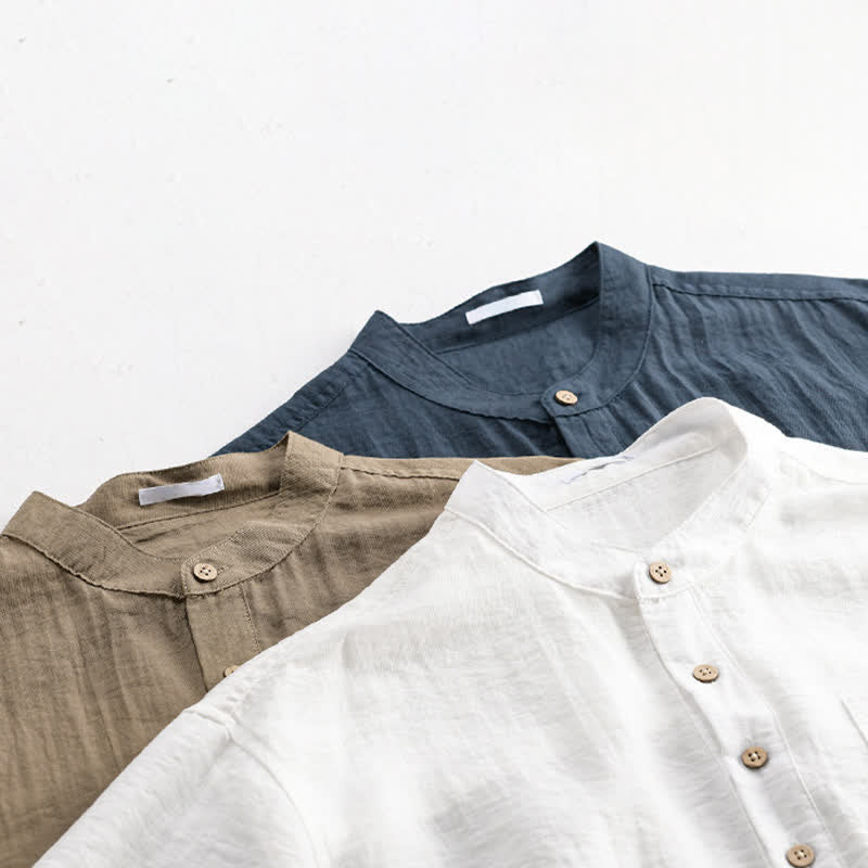 Nimara Ritual Summer Tang Style Casual Mandarin Collar Half Button Solid Men's Short Sleeve Shirts With Patch Pocket