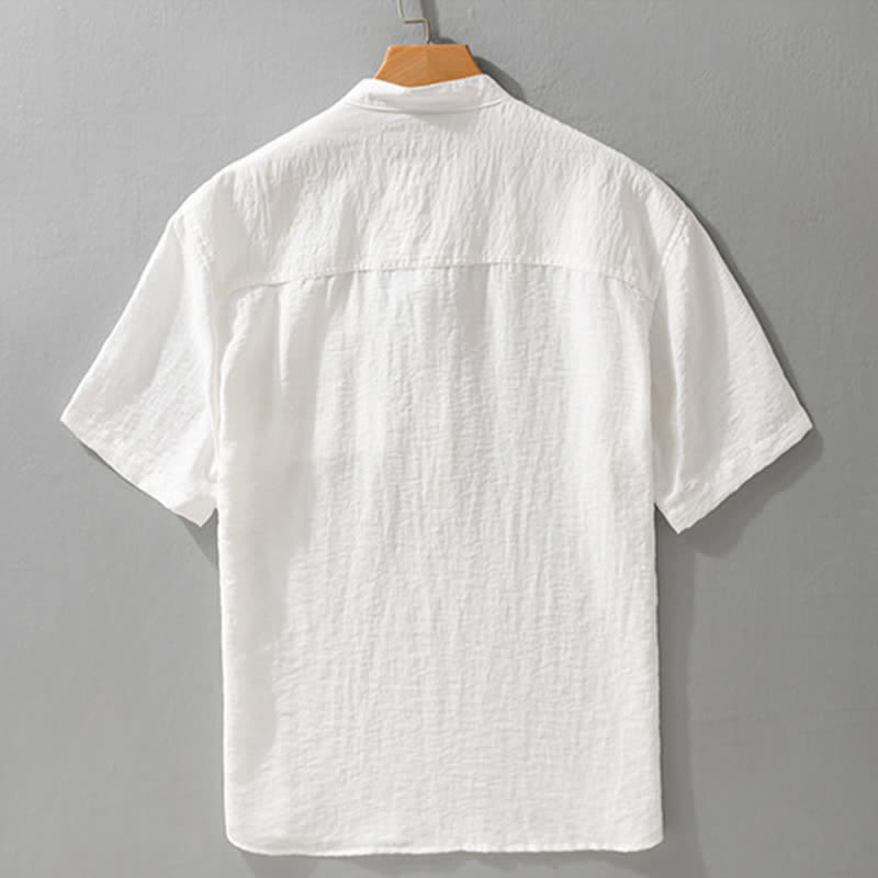 Nimara Ritual Summer Tang Style Casual Mandarin Collar Half Button Solid Men's Short Sleeve Shirts With Patch Pocket