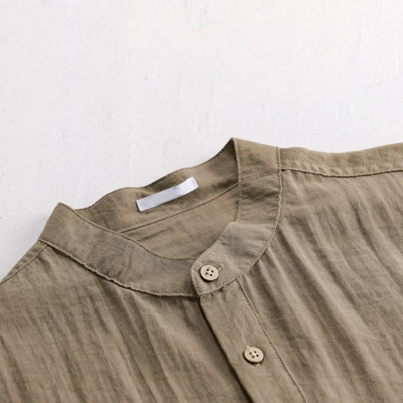 Nimara Ritual Summer Tang Style Casual Mandarin Collar Half Button Solid Men's Short Sleeve Shirts With Patch Pocket