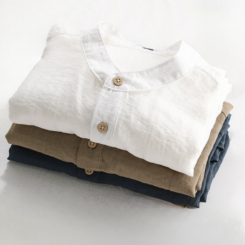 Nimara Ritual Summer Tang Style Casual Mandarin Collar Half Button Solid Men's Short Sleeve Shirts With Patch Pocket