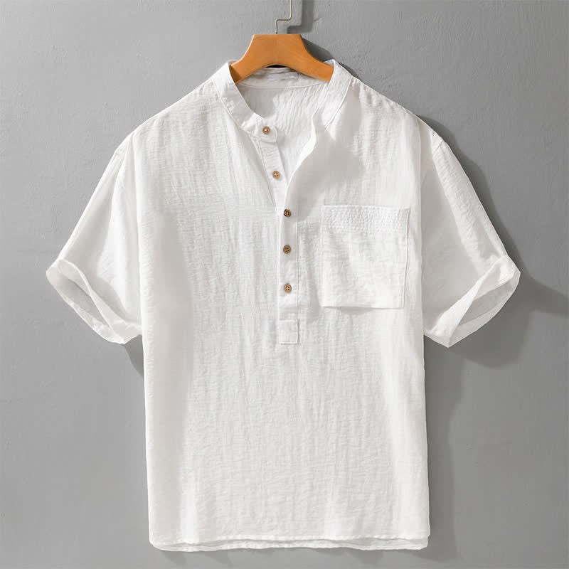 Nimara Ritual Summer Tang Style Casual Mandarin Collar Half Button Solid Men's Short Sleeve Shirts With Patch Pocket