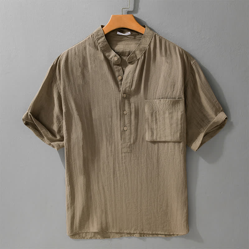 Nimara Ritual Summer Tang Style Casual Mandarin Collar Half Button Solid Men's Short Sleeve Shirts With Patch Pocket
