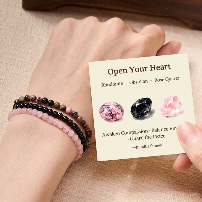 Nimara Ritual 3pcs "Open Your Heart" Rhodonite Healing Bracelet Includes Gift Message Card