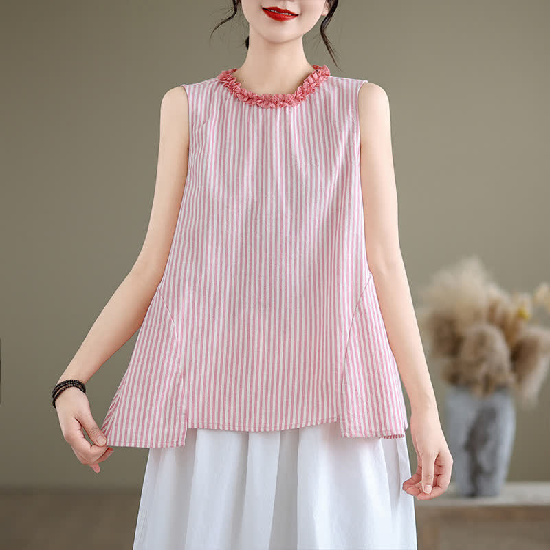 Nimara Ritual Summer Casual Elegant Side Slit Striped Crew Neck Tank Top Women's Sleeveless Shirts