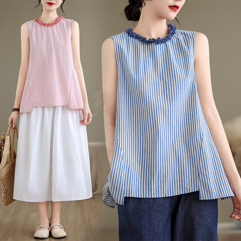 Nimara Ritual Summer Casual Elegant Side Slit Striped Crew Neck Tank Top Women's Sleeveless Shirts