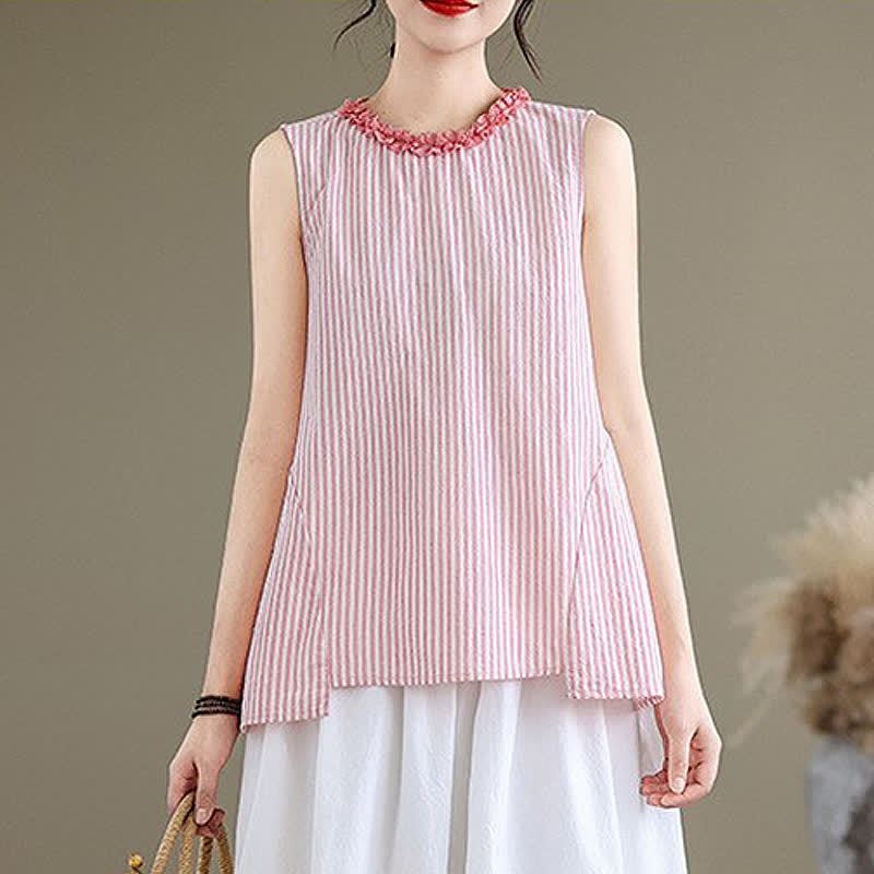 Nimara Ritual Summer Casual Elegant Side Slit Striped Crew Neck Tank Top Women's Sleeveless Shirts