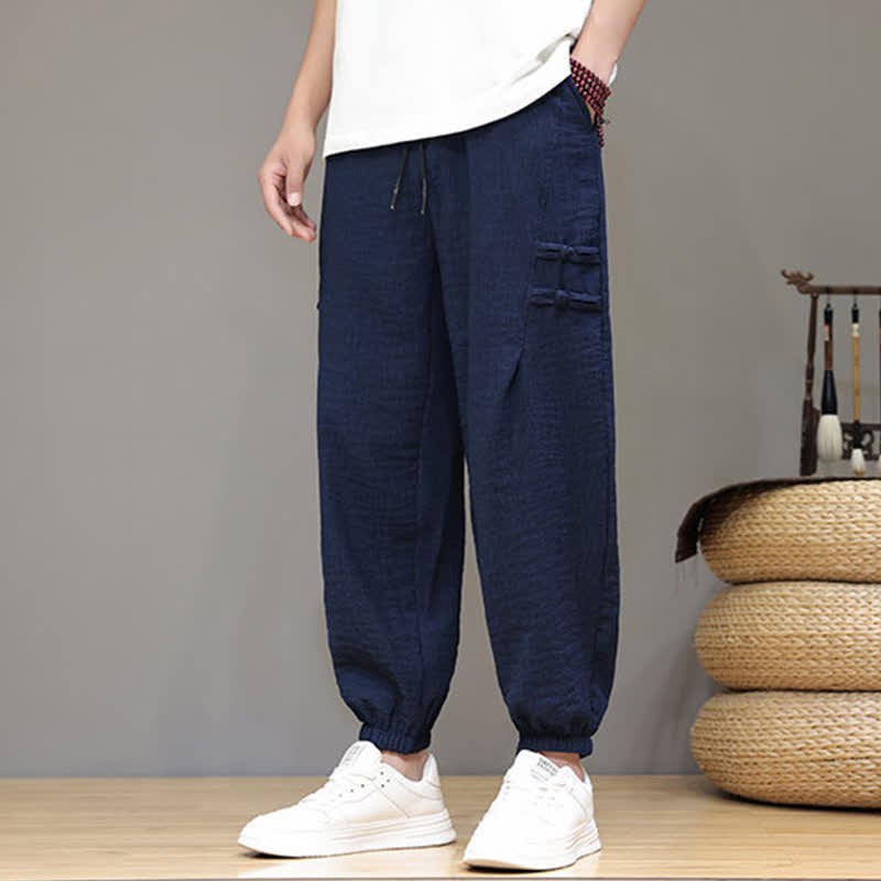 Nimara Ritual Summer Casual Tang Style Solid Cropped Pants Men's Harem Pants With Pockets