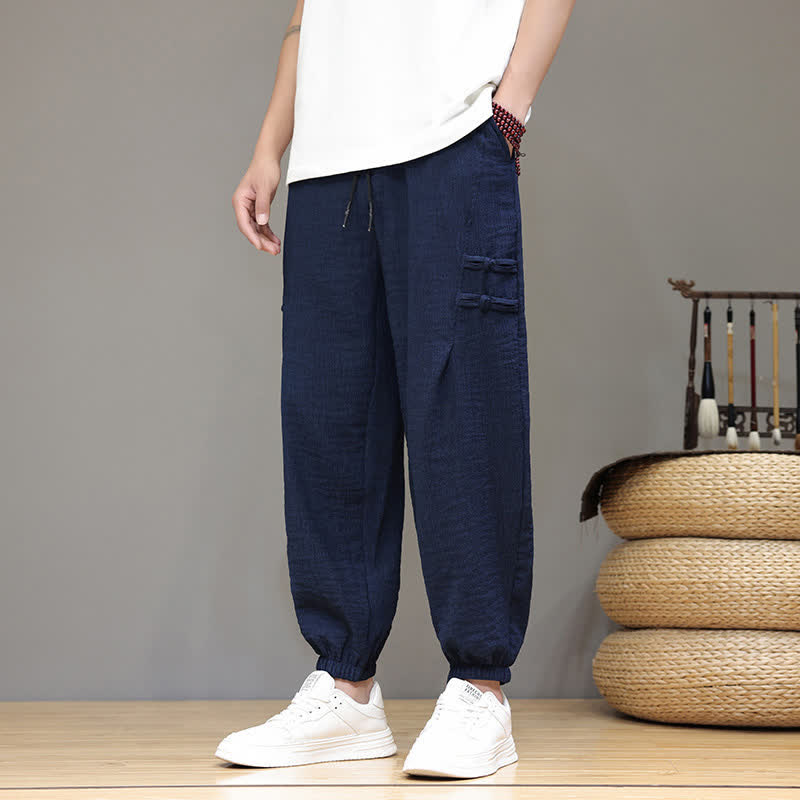 Nimara Ritual Summer Casual Tang Style Solid Cropped Pants Men's Harem Pants With Pockets