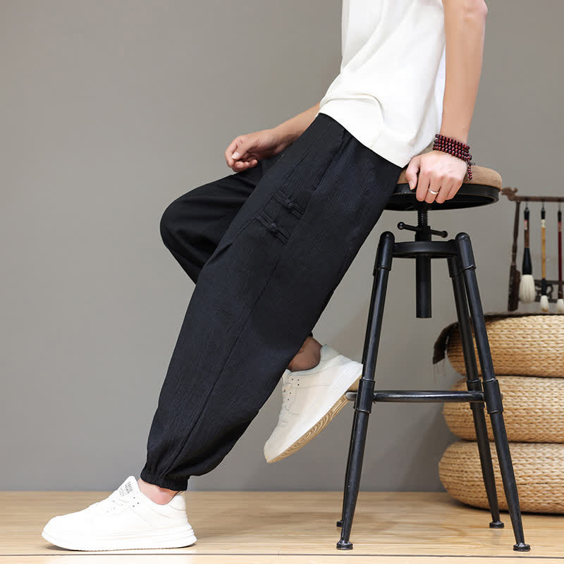 Nimara Ritual Summer Casual Tang Style Solid Cropped Pants Men's Harem Pants With Pockets