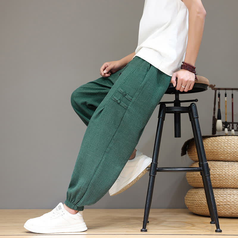 Nimara Ritual Summer Casual Tang Style Solid Cropped Pants Men's Harem Pants With Pockets