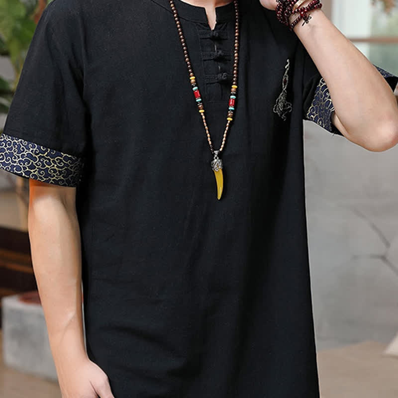Nimara Ritual Summer Tang Style Frog Button Embroidery Gourd Solid Men's Short Sleeve Shirts
