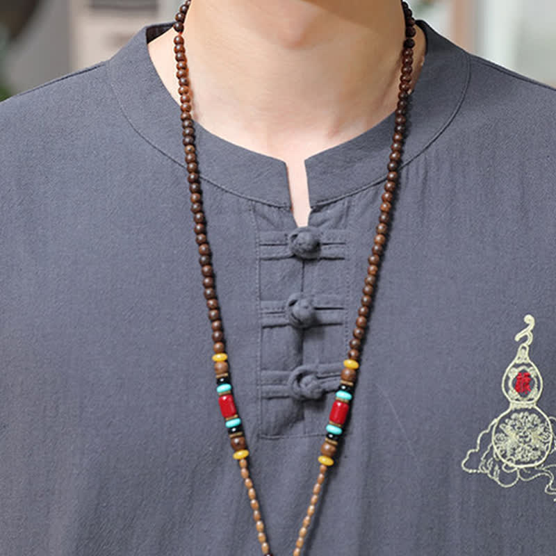 Nimara Ritual Summer Tang Style Frog Button Embroidery Gourd Solid Men's Short Sleeve Shirts