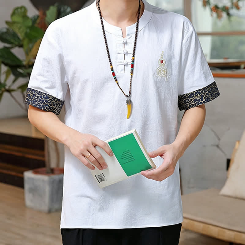 Nimara Ritual Summer Tang Style Frog Button Embroidery Gourd Solid Men's Short Sleeve Shirts