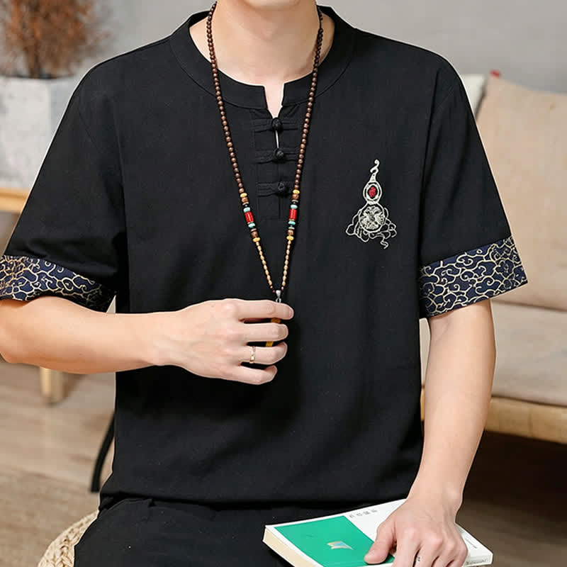 Nimara Ritual Summer Tang Style Frog Button Embroidery Gourd Solid Men's Short Sleeve Shirts