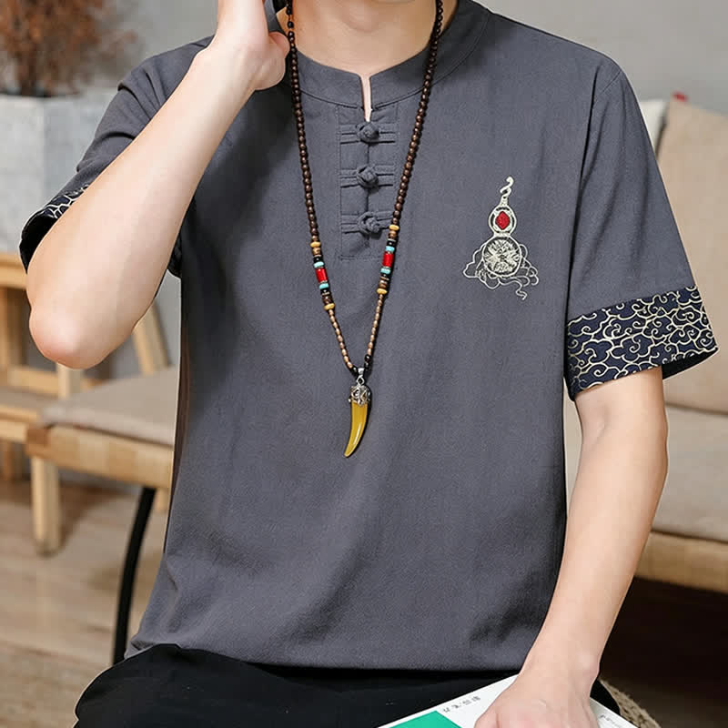Nimara Ritual Summer Tang Style Frog Button Embroidery Gourd Solid Men's Short Sleeve Shirts
