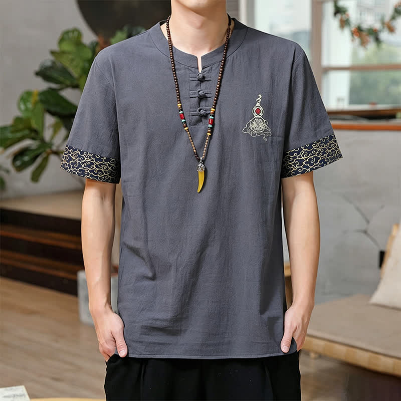 Nimara Ritual Summer Tang Style Frog Button Embroidery Gourd Solid Men's Short Sleeve Shirts