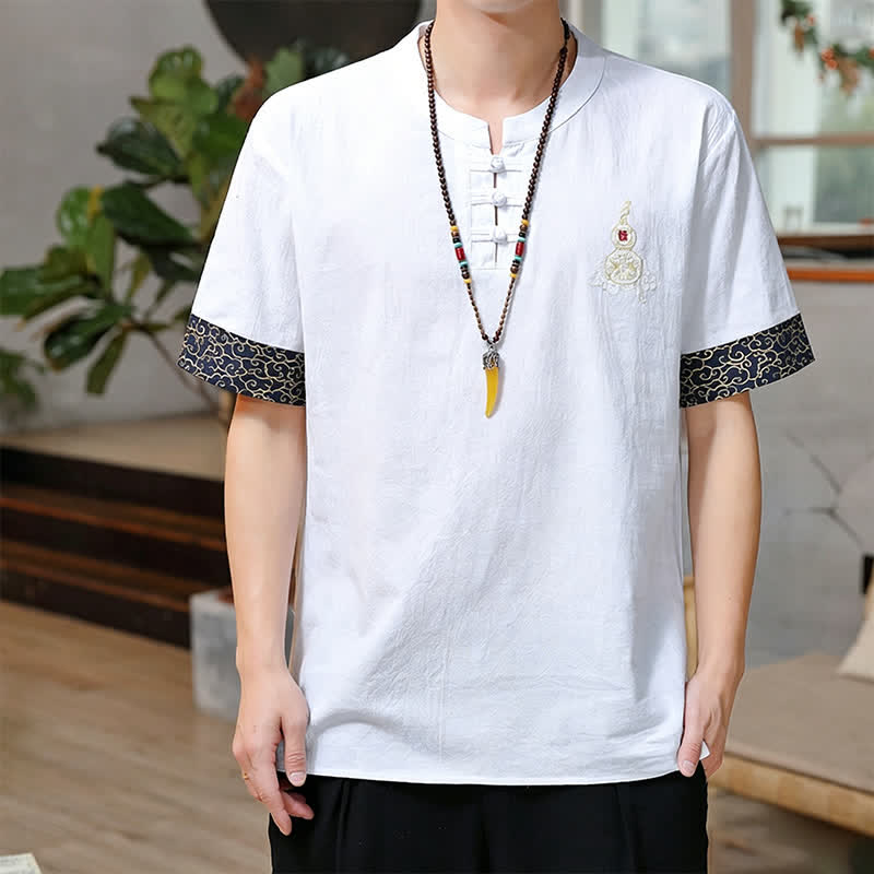 Nimara Ritual Summer Tang Style Frog Button Embroidery Gourd Solid Men's Short Sleeve Shirts