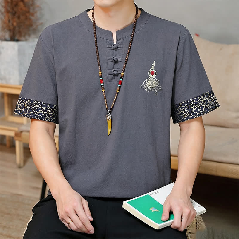 Nimara Ritual Summer Tang Style Frog Button Embroidery Gourd Solid Men's Short Sleeve Shirts